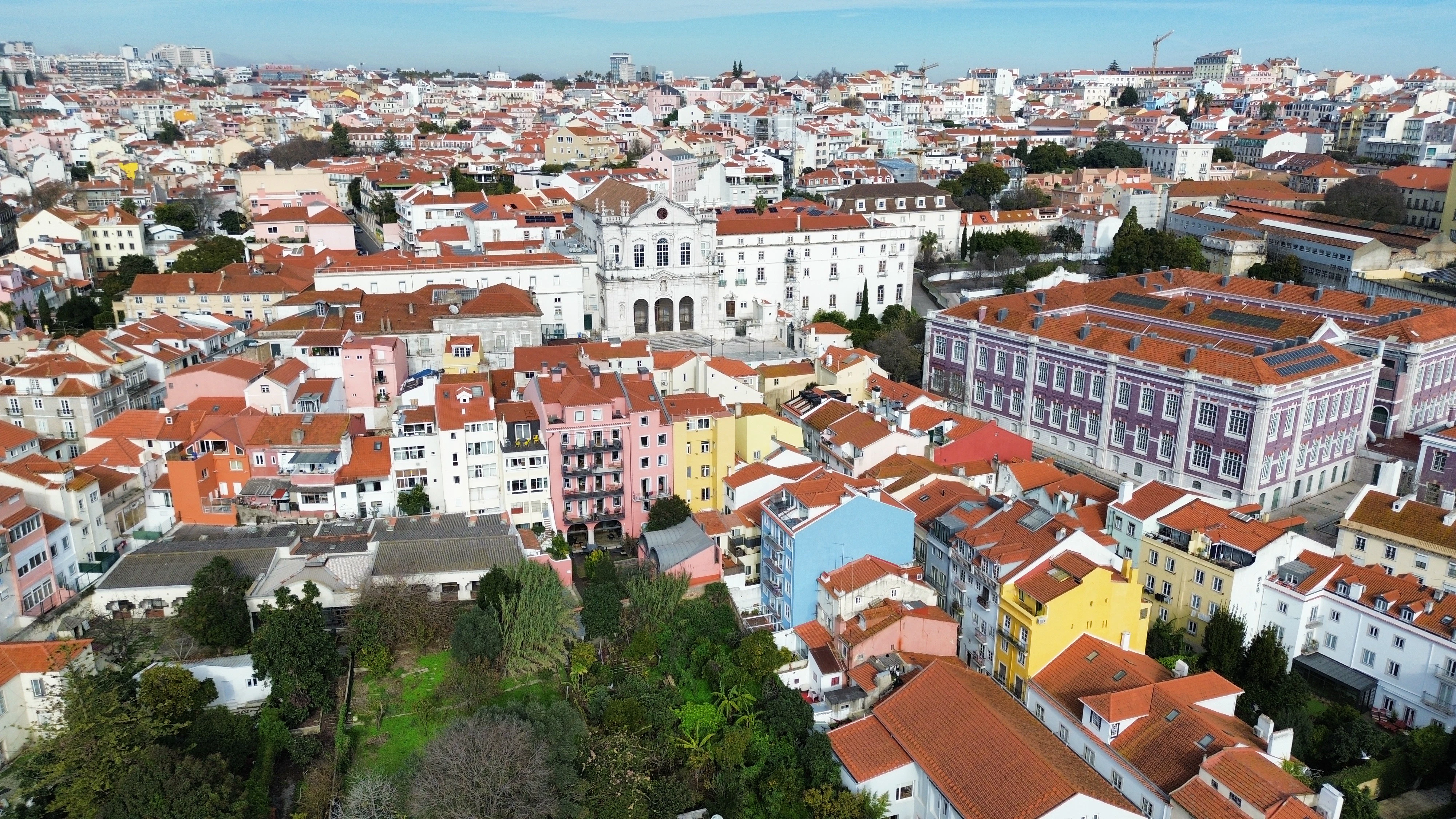 Aerial view of colorful buildings in a european city.