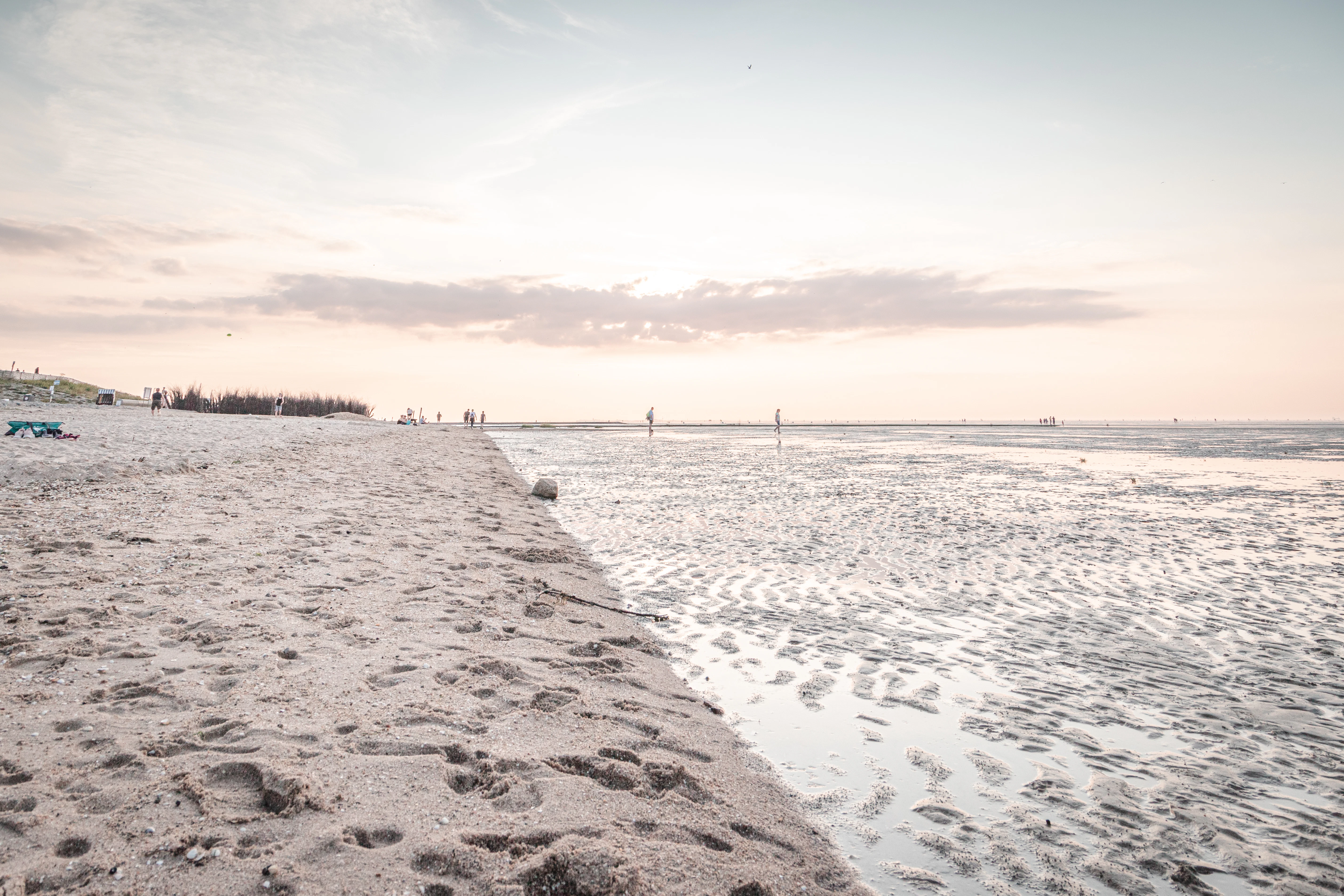 a sandy beach with footprints in the sand