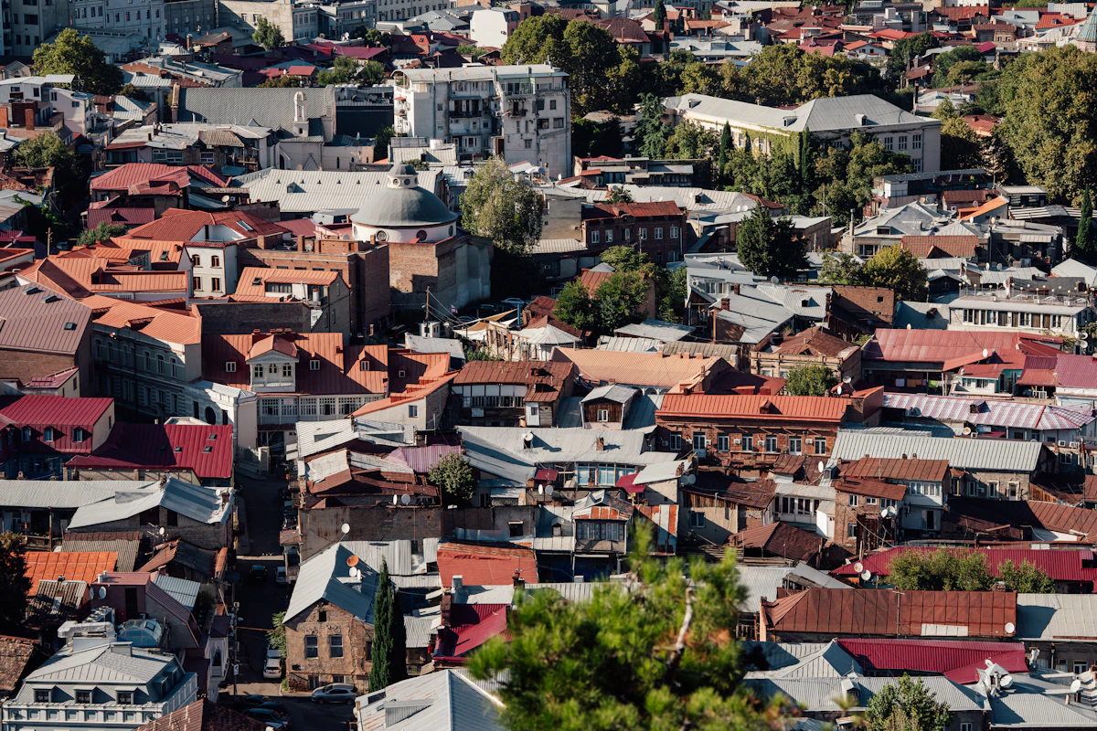 Roofs of a dense city neighborhood on a sunny day.