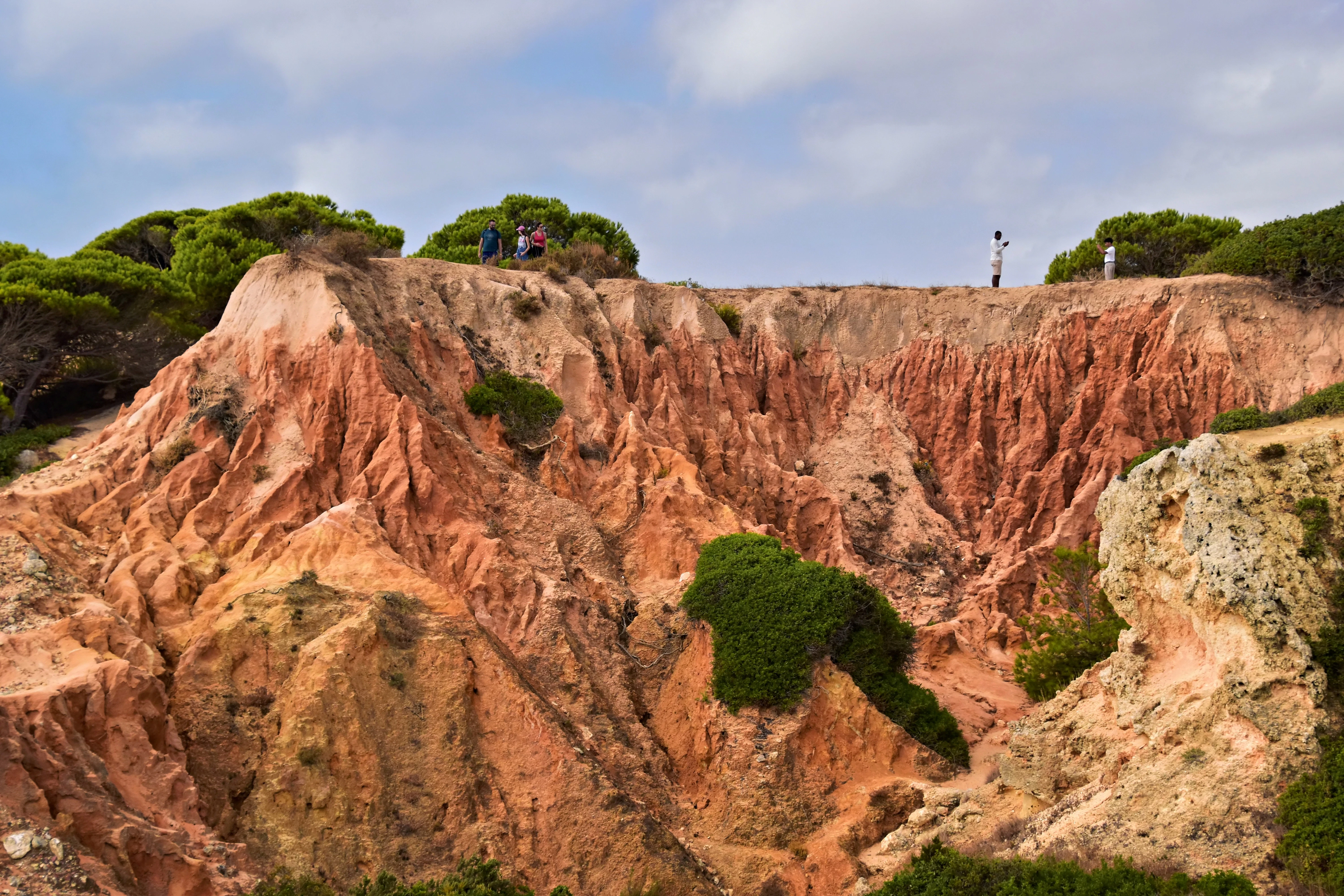 Eroded sandstone cliffs with green vegetation and sky.