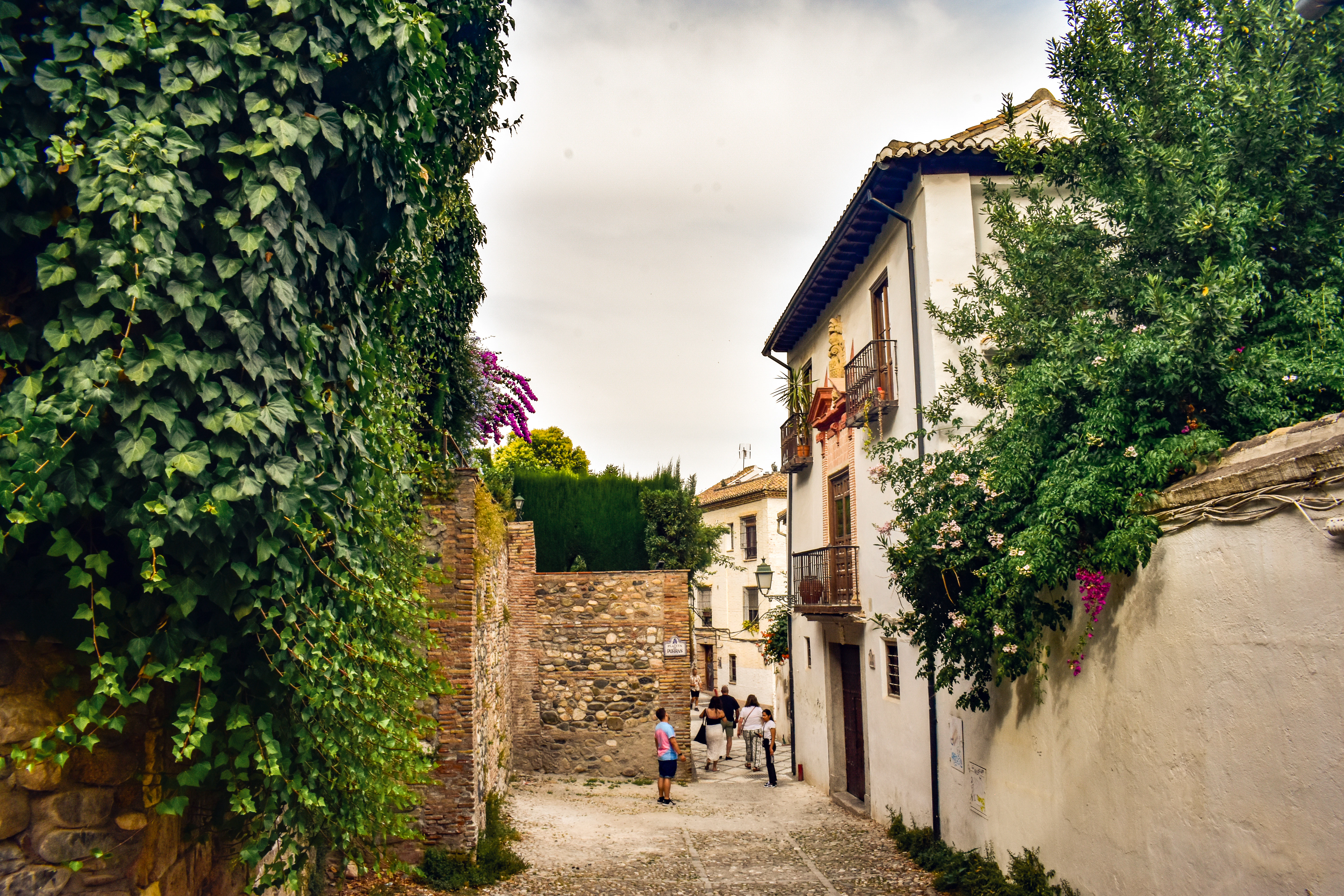 A narrow cobblestone street in a small village