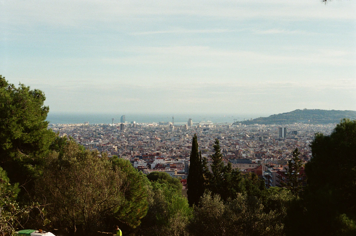 Panoramic view of a sprawling city with ocean in background