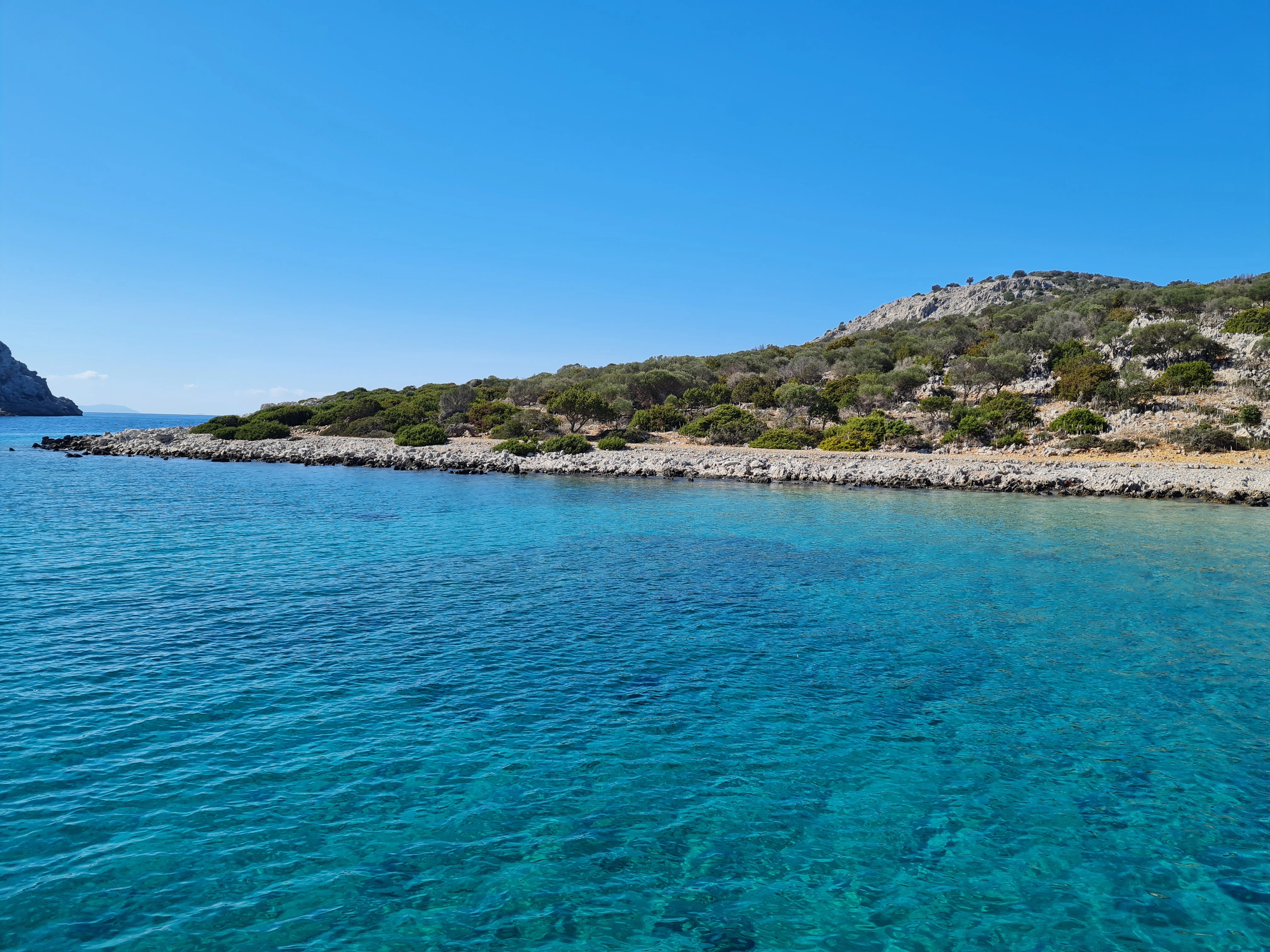 Crystal-clear water meets a rocky shoreline.