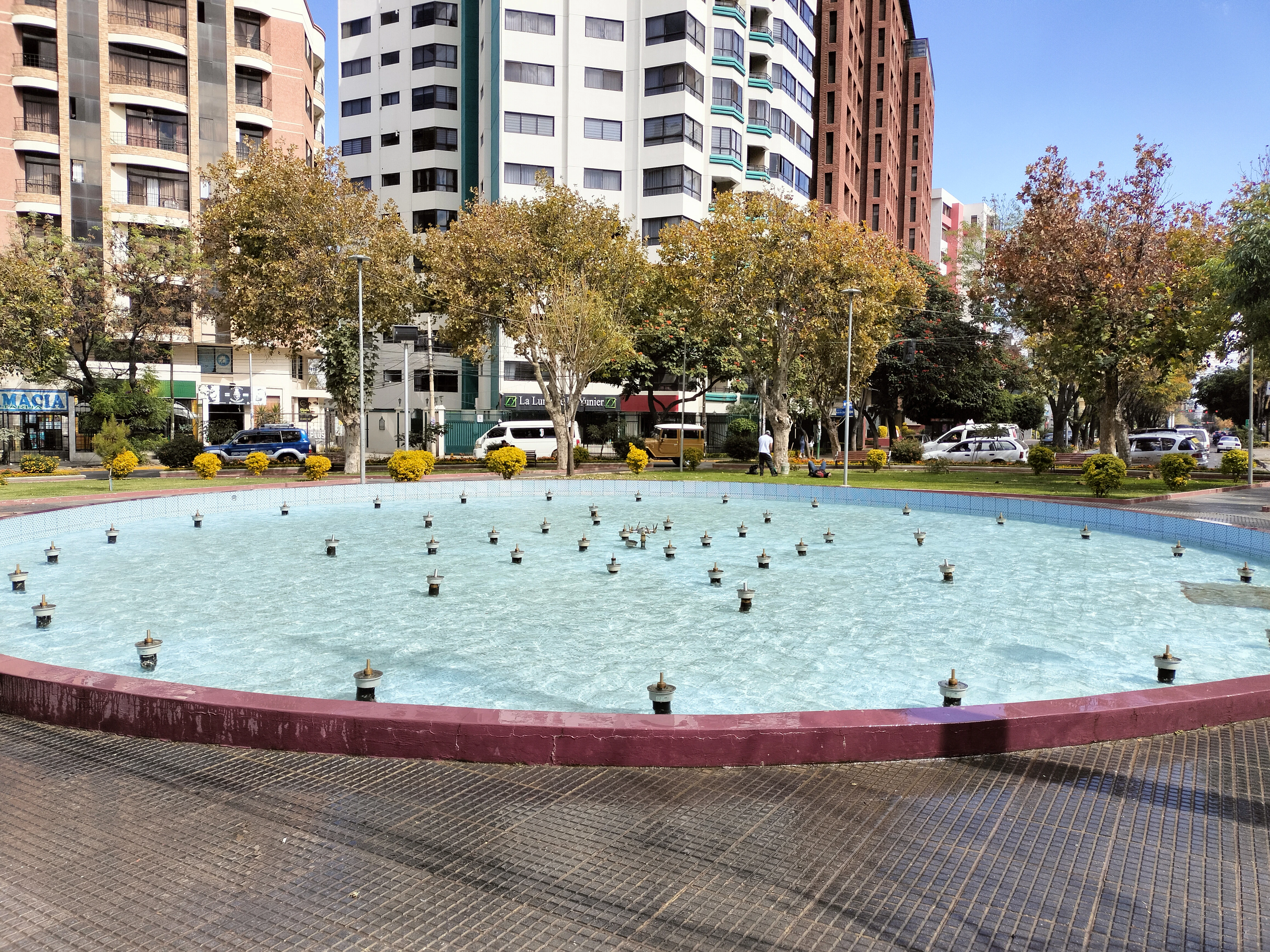 A large pool of water in a city park