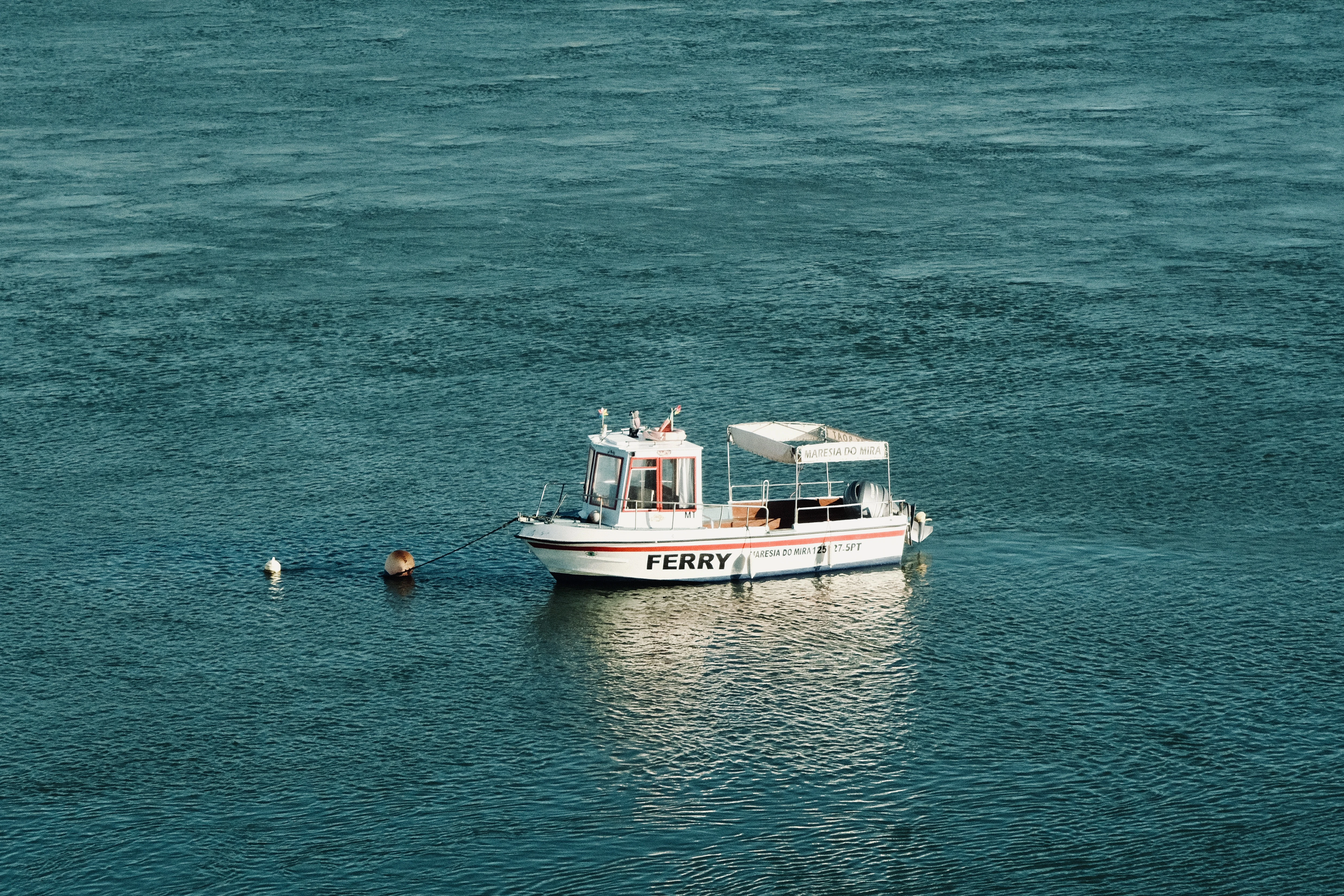 A white ferry boat floats on the water.
