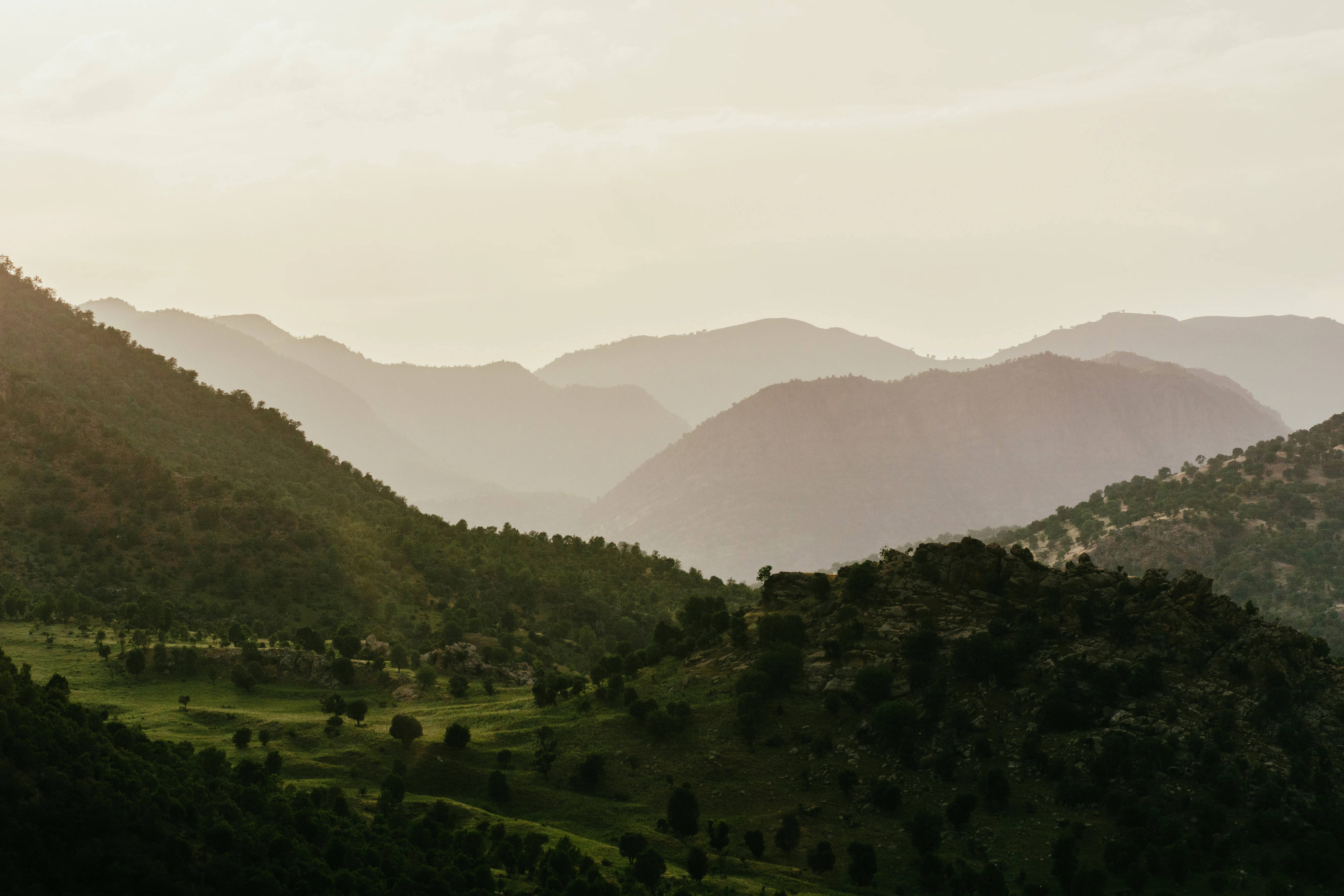 a view of a valley with mountains in the background
